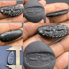 Antique Old Black Hard Stone Roman Two Ram Animals Intaglio Stamp Small Amulet