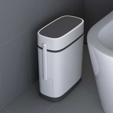 14L Narrow Bathroom Waste Bin Press Open Lid Rubbish Trash Can with Toilet Brush
