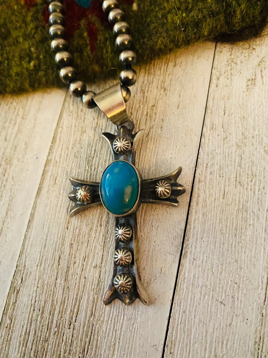 Navajo Sterling Silver Turquoise Cross Pendant By Chimney Butte