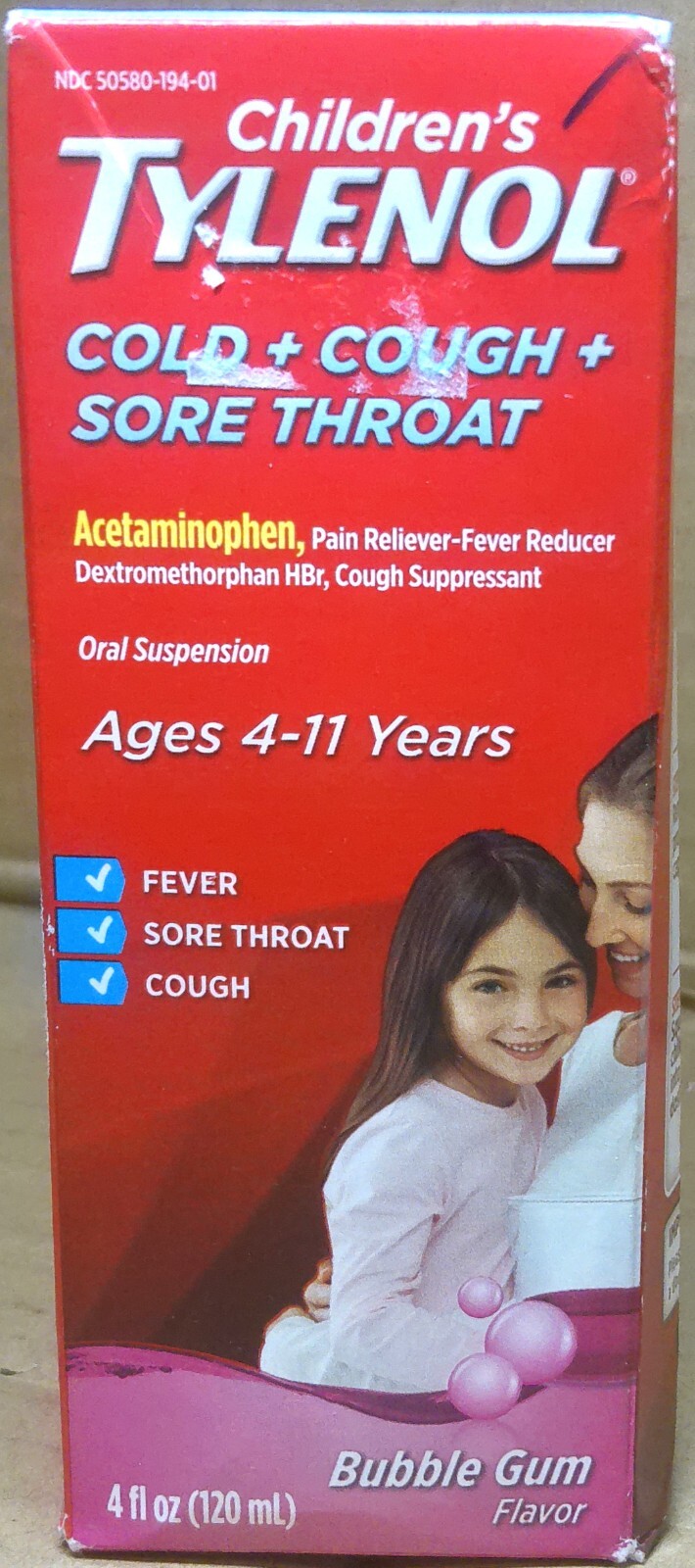 Children's Tylenol, Cold + Cough + Sore Throat, Bubble Gum, 4 FL OZ