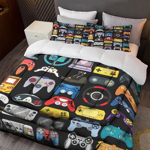 Double-Sided Gamer Twin Comforter & Pillowcase Set - Vibrant Geometric Design - Picture 3 of 9