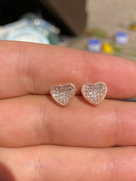 Alternate view of 14k Rose Gold Plated Real 925 Silver Heart Shaped Earrings Icy Studs Aretes