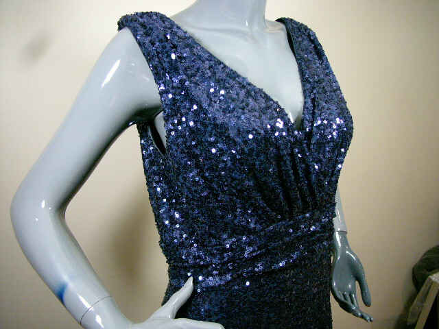 badgley mischka navy sequin dress Badgley Mischka Black/Blue Sequin Nylon Ruched Cocktail Dress M Badgley  Mischka