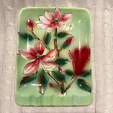 MCM Lipper & Mann Large Plate Style Ashtray Floral Green Ceramic 7 1/2” x 10”