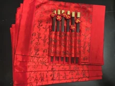 Set of 6 Red Chinese Placemats and 6 Sets of Chopsticks and Wine Bottle Holders