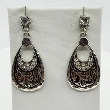 Silver Tone Rhinestone Filigree Teardrop Long Dangle Earrings Boho Statement