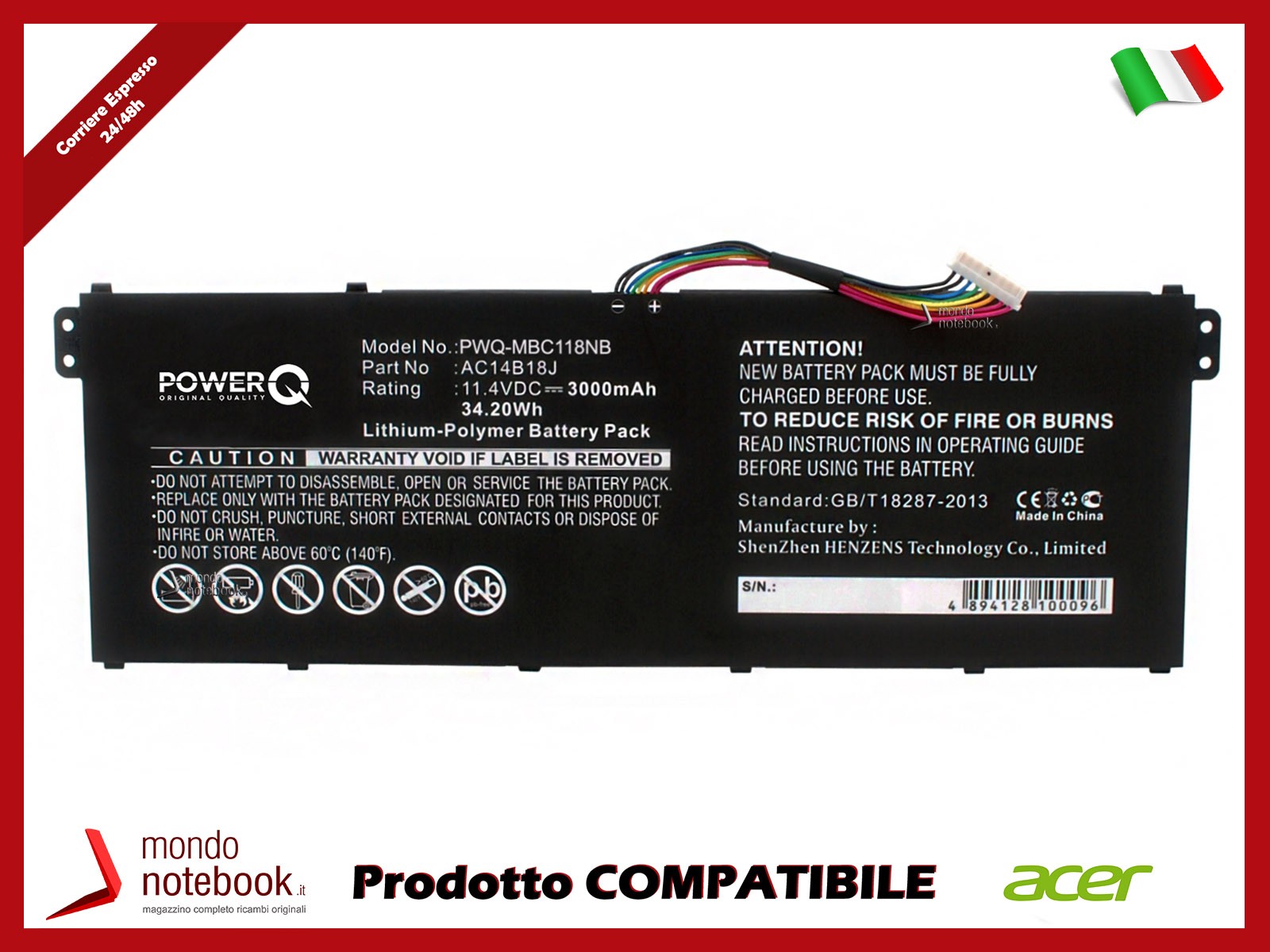 Batteria PowerQ 11.4V 3000mAh per Acer TravelMate B115 Spin 5
