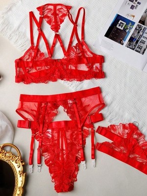 Ladies sexy 3 piece lingerie set with floral embroidery in red cheap24