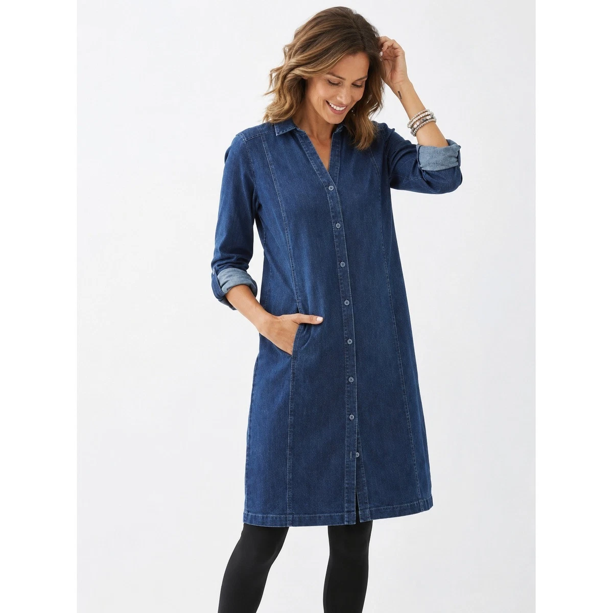 j jill denim dress Alison Eyelet washlabshop 57 Bust Knee Length J Jill Denim