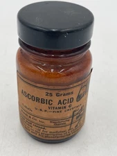 25 Grams Vintage Merck Ascorbic Acid Glass Bottle Label Lid Vitamin C USP