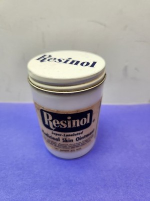 Vintage Resinol Medicinal Skin Ointment Milk Glass Jar Paper Label 3.5 Ounces