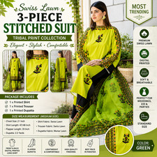 Green Swiss Lawn 3 Piece Stitched Suit For Ladies with Tribal Prints