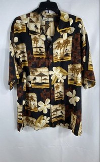 Camicia da campeggio vintage Tommy Bahama uomo nera seta palma tropicale taglia L