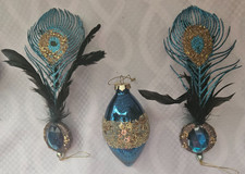 Lot Of 3 Christmas Tree Ornaments/ Peacock Feather/Blue With Sequin/Rhinestone