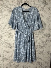 Shein Knee Length Blue White Flutter Sleeve Dress With Belt Tie Sz XL EUC
