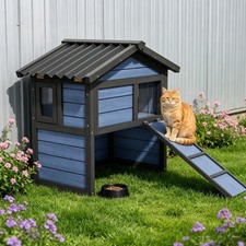 Cat House Outdoor Wooden Feral Cat Shelter with Escape Door