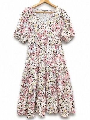Oliver Bonas Kleid Gr. 14 hellrosa Blumen Lagenlook Puffärmel Metallfaden