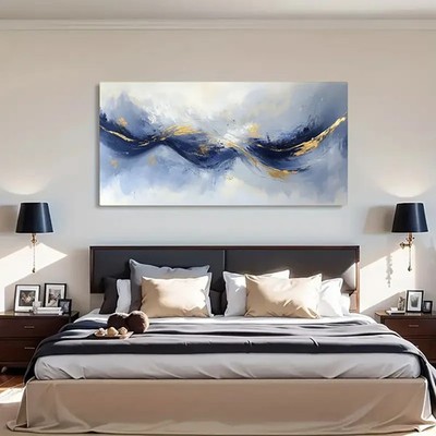 Abstract Waves Soft Blue & Golden Gradient Unframed Canvas Painting for Living