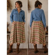 Vintage J.R.T. Denim Plaid Midi Dress Size 14 Western Cottagecore Prairie Button