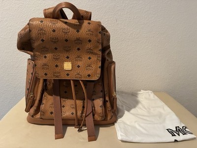 MCM Brown Visetos Monogram Backpack Gold Hardware Drawstring Dust Bag Large