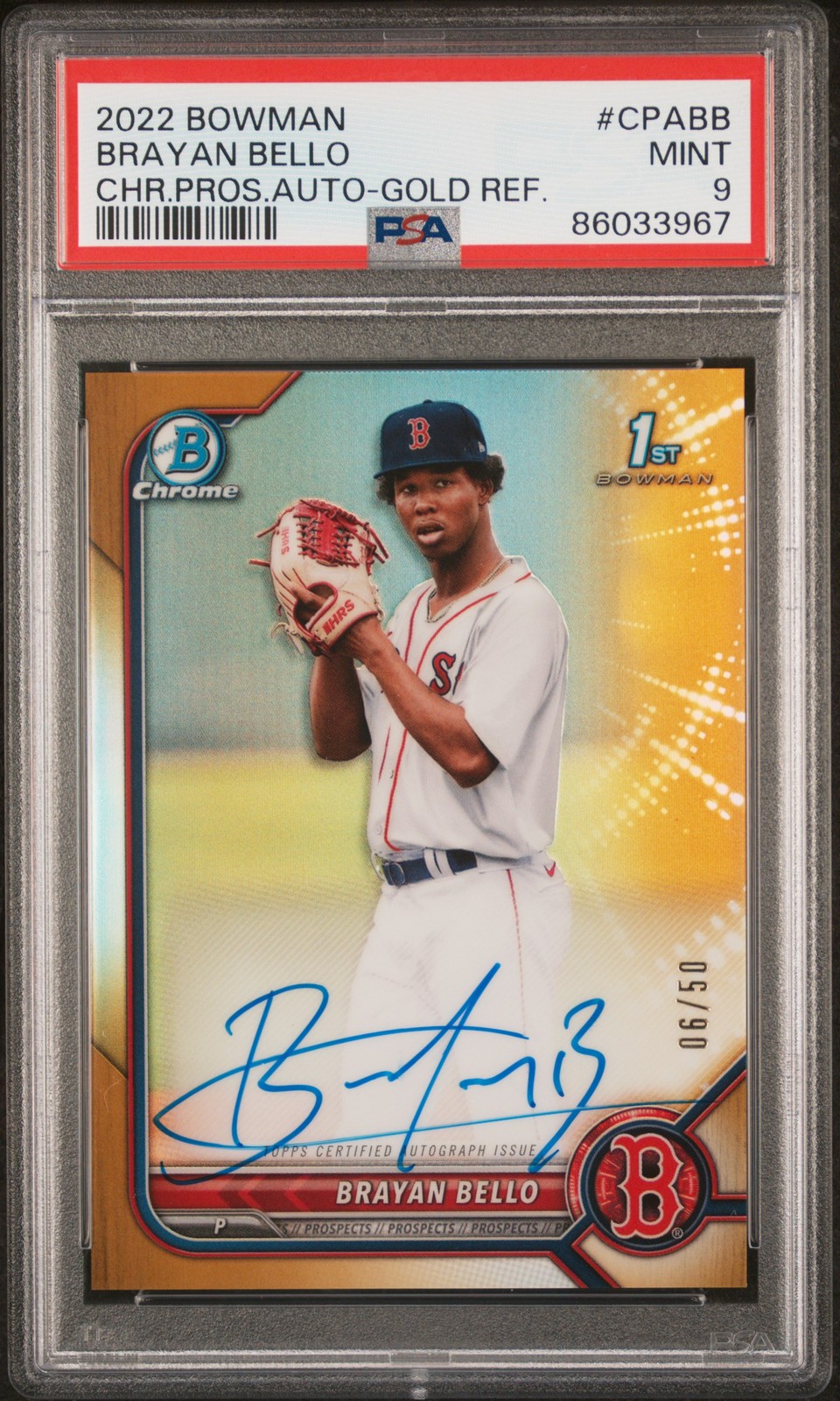 2022 Bowman Chrome #CPABB Brayan Bello True Gold Refractor Auto /50 PSA 9