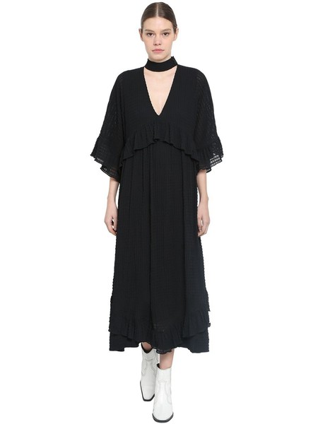 Ganni Black Ruffled Seersucker Midi Dress Size FR 38 AU 10 US 6