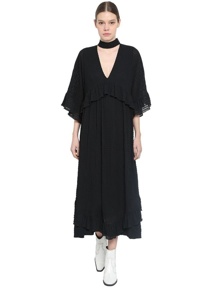 Ganni Black Ruffled Seersucker Midi Dress Size FR 38 AU 10 US 6