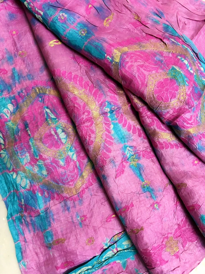 Vestido de costura estampado vintage sari de tela de seda para boda mujer envolvente rosa sari Foto 4 de 4