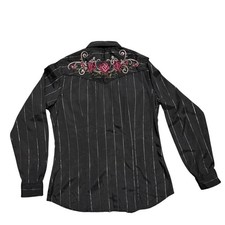 Camisa occidental para mujer Roper negra metálica a rayas rosa bordada talla S