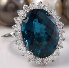 12.06 Carat Natural London Blue Topaz and Diamonds in 14K Solid White Gold Ring