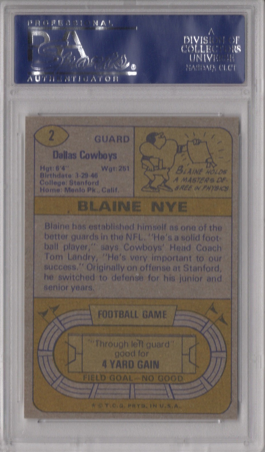 Blaine Nye 1974 Topps PSA 9 Mint Graded Card Dallas Cowboys #2