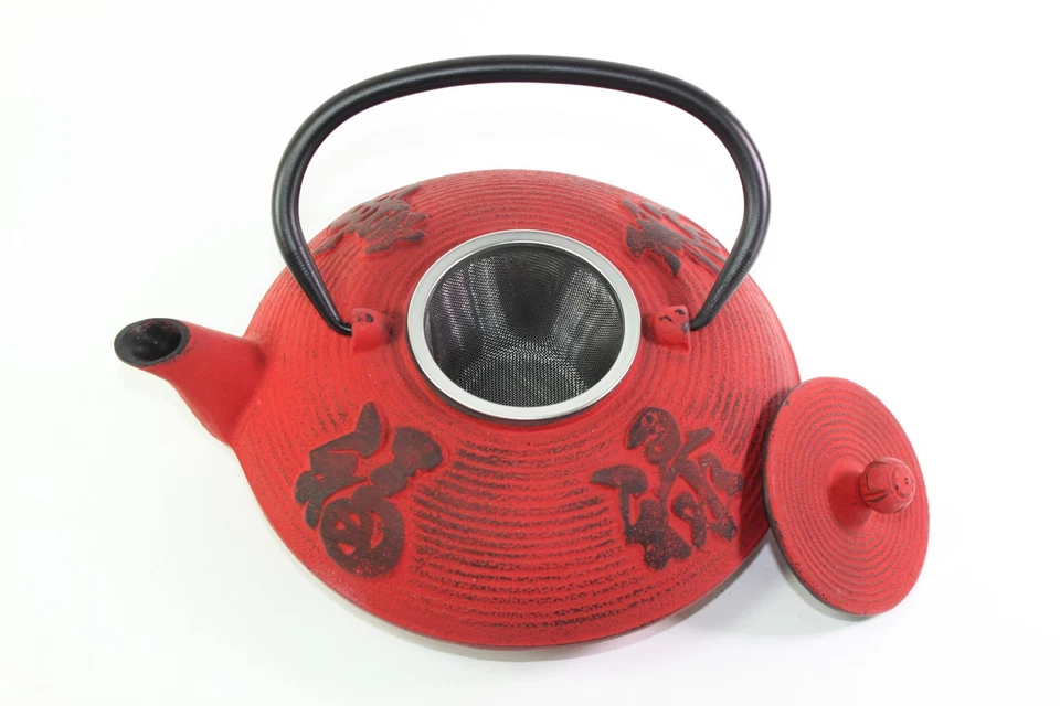 24 fl oz Red Fu Lu Shou Xi Chinese Cast Iron Teapot Tetsubin with Infuser Filter - Image 4 of 4