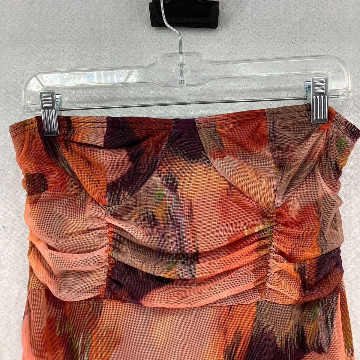 orange abstract print bandeau ruched bodycon dress Pretty Little thing Orange Abstract Print Bandeau Ruched Bodycon Dress Size  4
