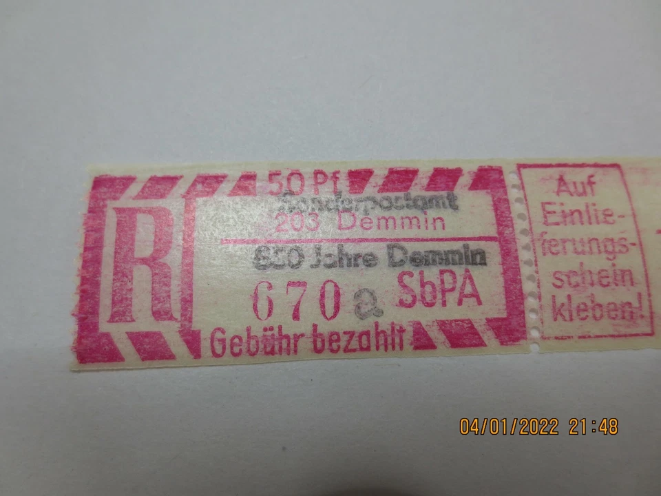 DDR Einschreibemarke SbPA 850 Jahre Demmin postfrisch Kennbuchstabe a - Bild 3 von 4