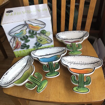 CLAY ART Margarita Shaped Cactus Salsa Guacamole Dip Bowls Set Of 4 With Box