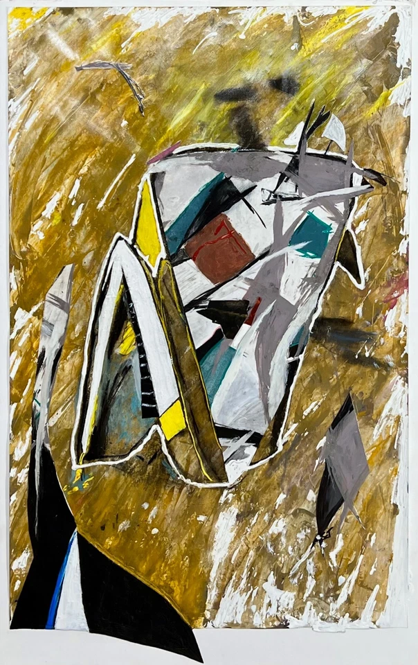ANGLES Black Yellow White Blue Abstract Figure Person Collage Painting - Image 2 of 4