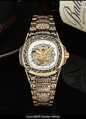 LONGLUX Gold 40mm Skeleton Dial Automatic Mechanical Men's Wristwatch White