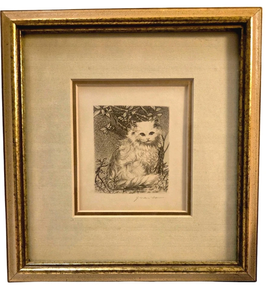 Vintage Print Cat Among Branches Japanese Artist Yachiyo Naito Gold Tone Frame - Image 3 of 4