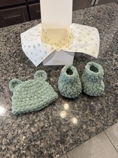 Hand Crochet Baby Booties And Bear Beanie. Made In The USA. Soft Plush Yarn.