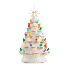 12" Pre-Lit White with Gold Trim Ceramic Tree Hand-Painted Tabletop with Lights