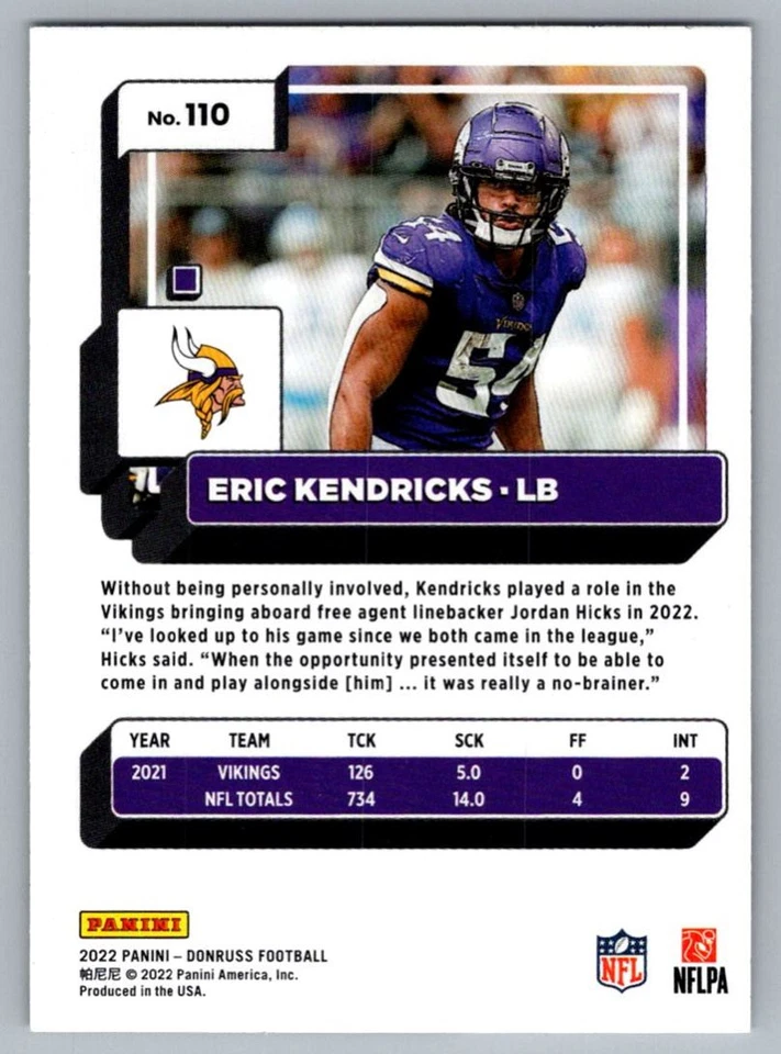 2022 Donruss Eric Kendricks Minnesota Vikings #110 - Image 2 of 2
