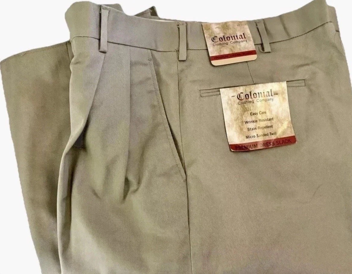 Mens Colonial dress pants NEW 34 khaki work pleated wrinkle resistant khakis