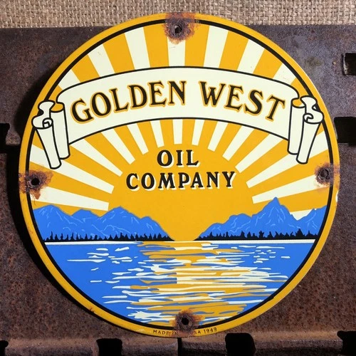 VINTAGE 1949 DATED GOLDEN WEST OIL COMPANY 10” PORCELAIN SIGN GAS MOTOR LUBE