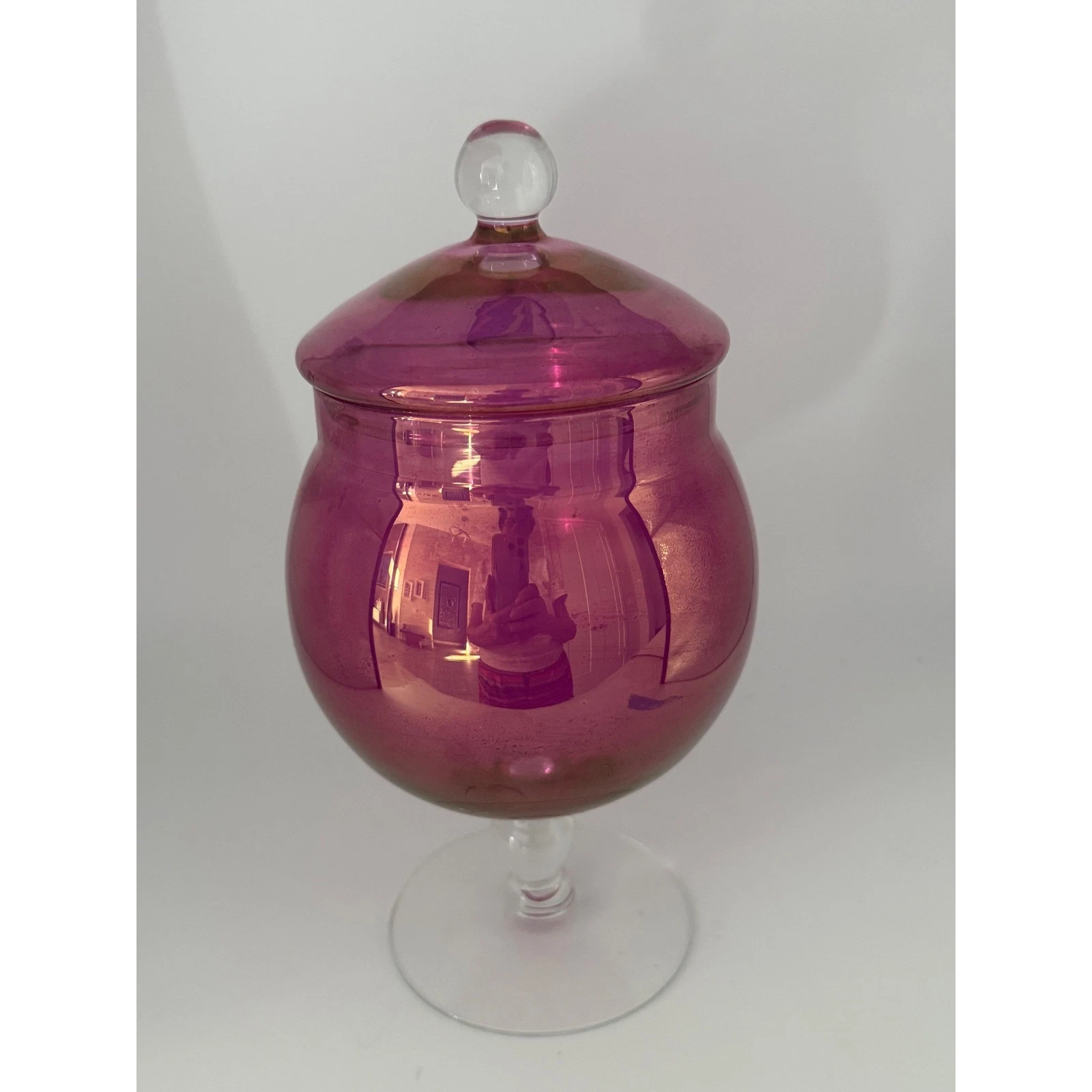Vintage Iridescent Cranberry Glass Apothecary Jar Footed Candy Dish with Lid