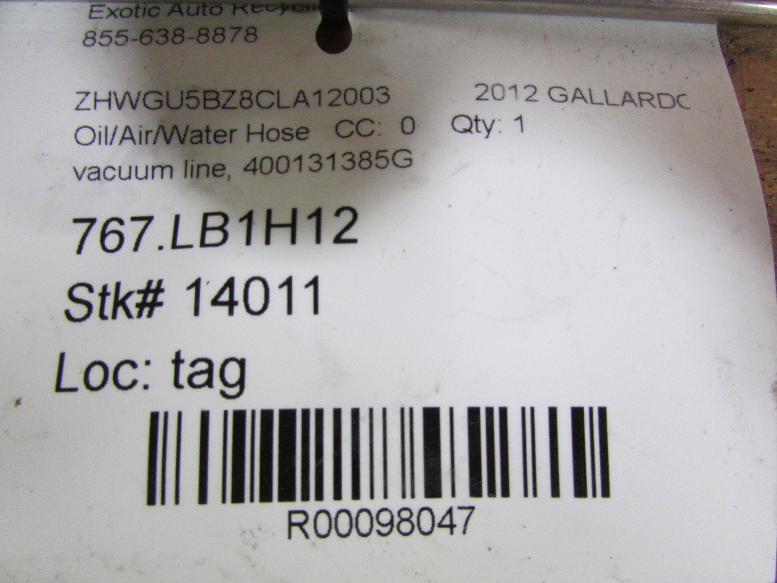 Lamborghini Gallardo, Vacuum Line, Used, P/N 400131385G
