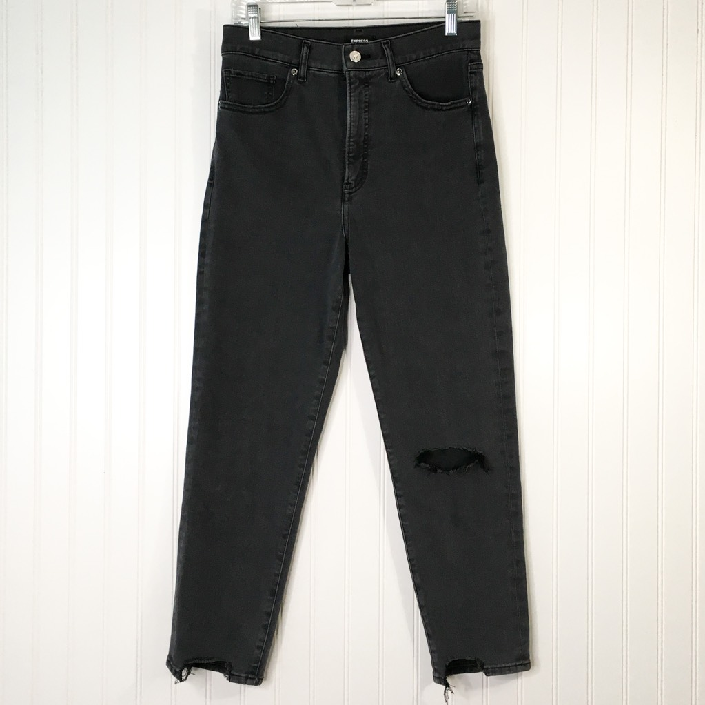 Express Womens Mom Jeans Black Distressed Super High Rise Pockets Frayed  Denim