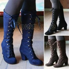 Womens Gothic Lace Up Mid Calf Riding Boots Victorian Party Med Block Heel Shoes