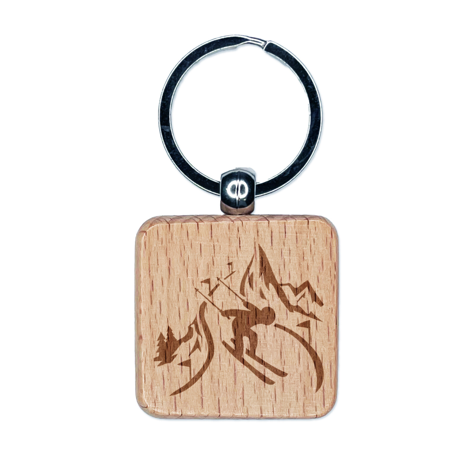 Engraved Wooden Skiing Keychain with Skier on Mountain Slopes