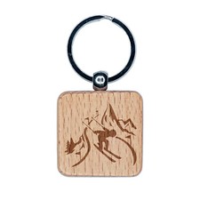 Skier Skiing Down Mountain Slopes Engraved Wood Square Keychain Tag Charm