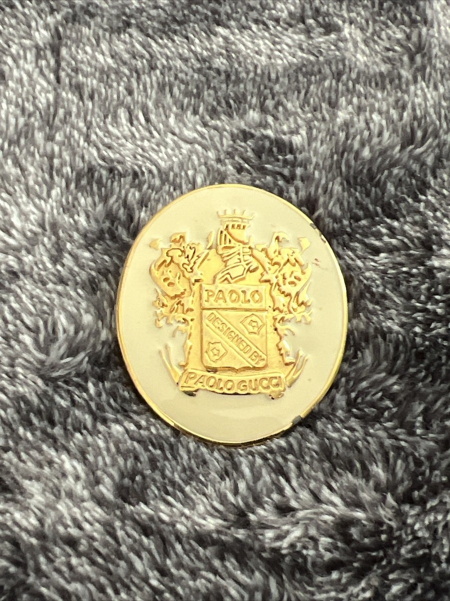 Vintage RARE Paolo Gucci Brooch Pin White Enamel Gold Tone Crest Oval